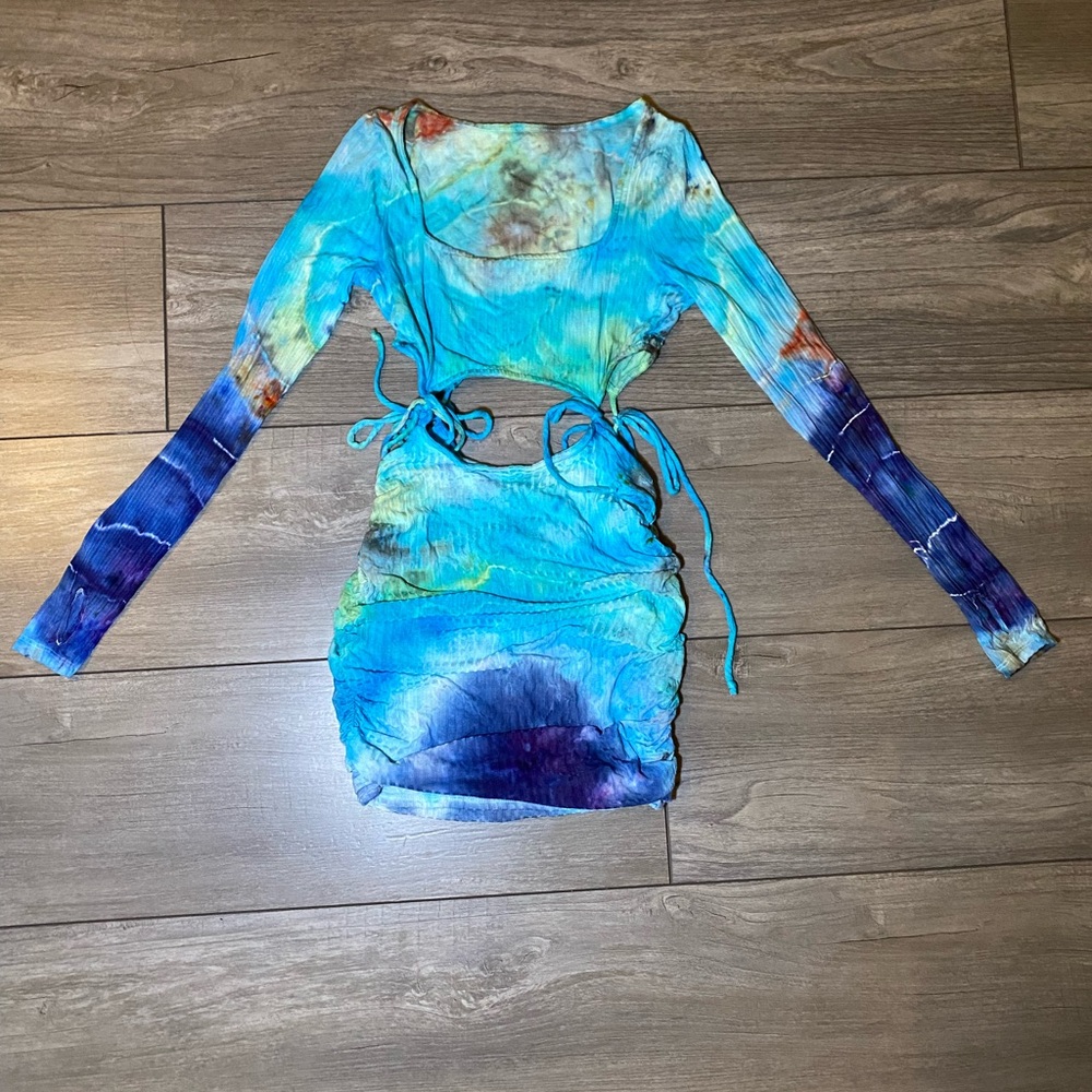 EUC Handmade OOAK Custom Hand Dyed Long Sleeve Square Neck Ruched Mini Dress - Picture 1 of 11